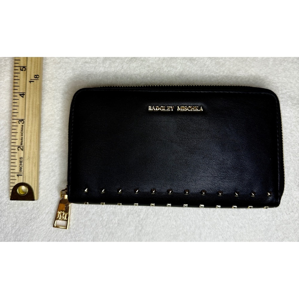 Badgley Mischka Black Studded Zip Around Wallet Gold Hardware Logo Long Clutch - Picture 4 of 8